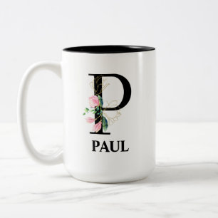 Pretty Floral monogrammed P letter alphabet Two-Tone Coffee Mug