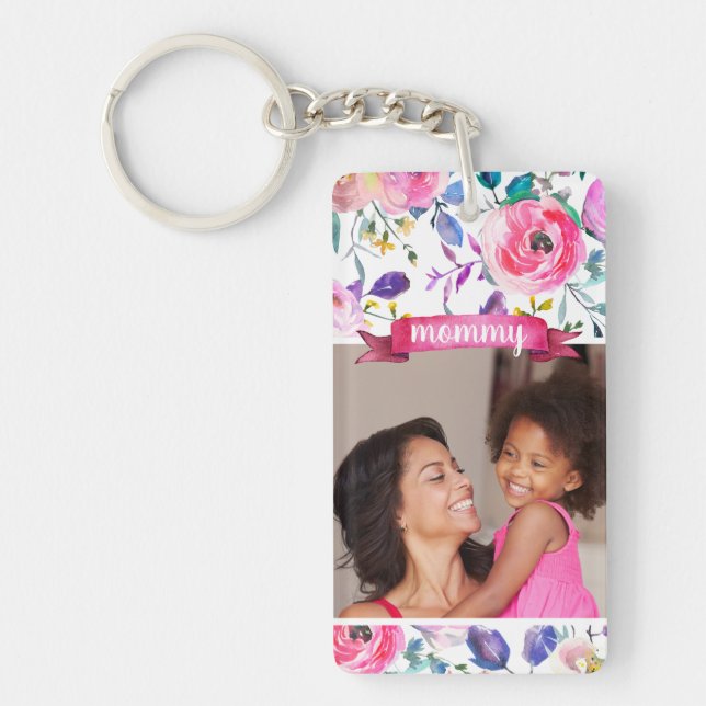 Pretty Floral Mother's Day Photo Keychain (Front)