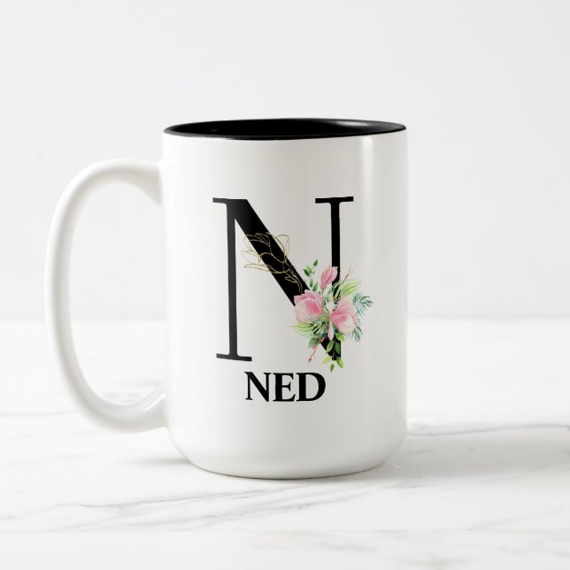 Pretty Floral N monogrammed alphabet Two-Tone Coffee Mug (Left)