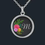 Pretty Floral on Chalkboard Monogrammed Sterling Silver Necklace<br><div class="desc">Simple and elegant watercolor floral on chalkboard black personalised with initial.</div>