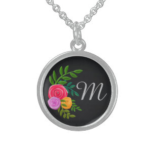 Pretty Floral on Chalkboard Monogrammed Sterling Silver Necklace