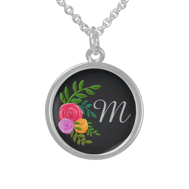Pretty Floral on Chalkboard Monogrammed Sterling Silver Necklace (Front)