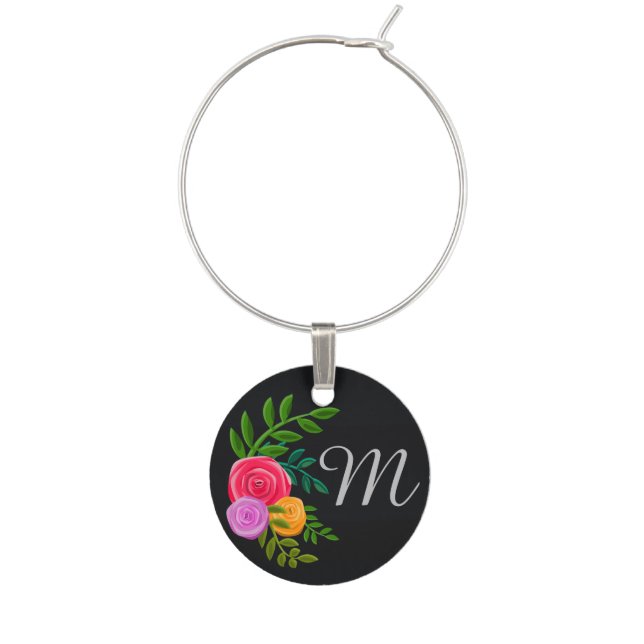 Pretty Floral on Chalkboard Monogrammed Wine Charm (Front)