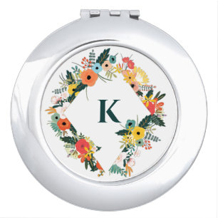 Pretty Floral Oval Wreath Monogram Compact Mirror