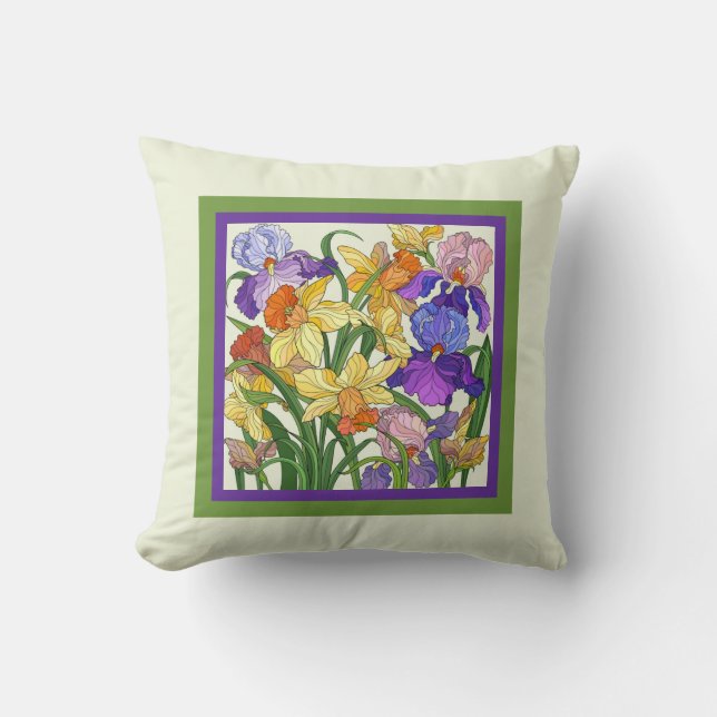 Pretty floral, painted irises on cream throw pillow (Front)