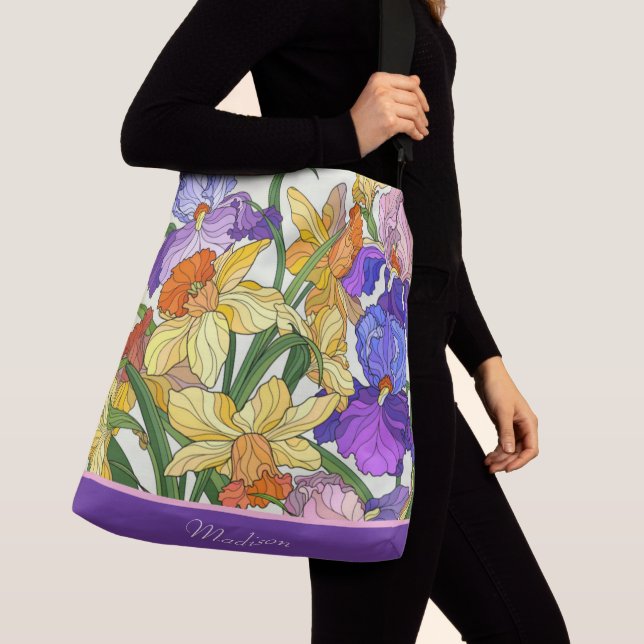 Pretty floral, painted irises, personalized crossbody bag (Close Up)