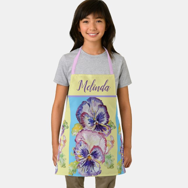 Pretty Floral Pastel Pansy Kids Pink Girls Apron (Insitu)