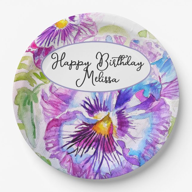 Pretty Floral Pastel Pansy Purple Girls Birthday Paper Plates (Front)