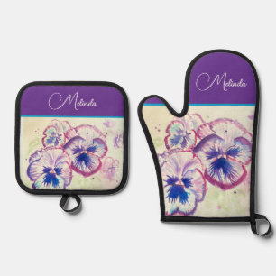 Pretty Floral Pastel Pansy Purple Watercolor Apron Oven Mitt & Pot Holder Set