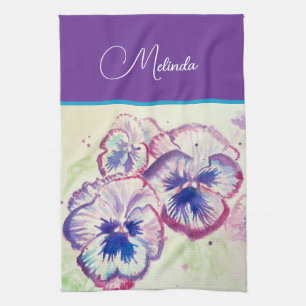 Pretty Floral Pastel Pansy Purple Watercolor Kitchen Towel