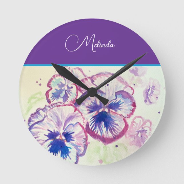 Pretty Floral Pastel Pansy Purple Watercolor  Round Clock (Front)