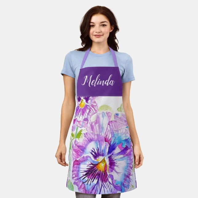 Pretty Floral Pastel Pansy Purple Womans Apron (Worn)