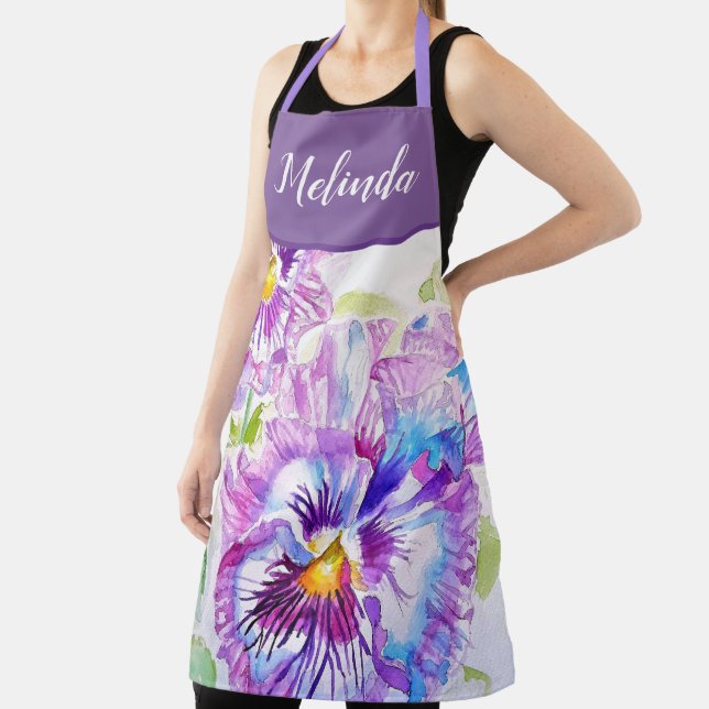 Pretty Floral Pastel Pansy Purple Womans Apron (Insitu)