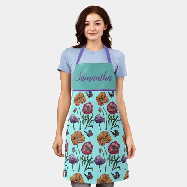 Pretty Floral Pastel Poppy Aqua Womans Art Apron (Worn)