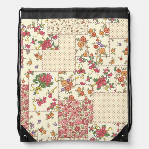 Pretty Floral Patchwork Seamless Design Drawstring Bag