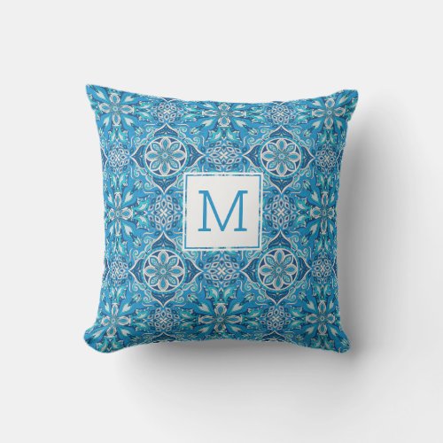 Pretty Floral Pattern Blue Geometric Tile Monogram Outdoor Pillow