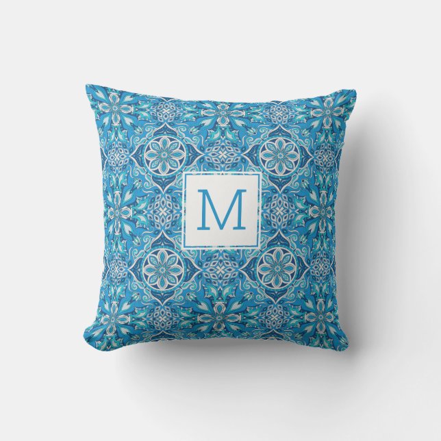 Pretty Floral Pattern Blue Geometric Tile Monogram Outdoor Pillow (Front)