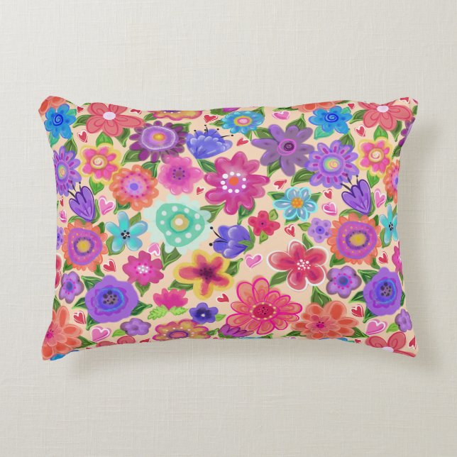 Pretty Floral Pattern Boho Style Accent Pillow (Front)