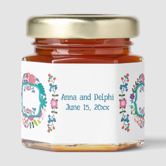 Pretty Floral Pattern Customizable Honey Jar Favors (Front)