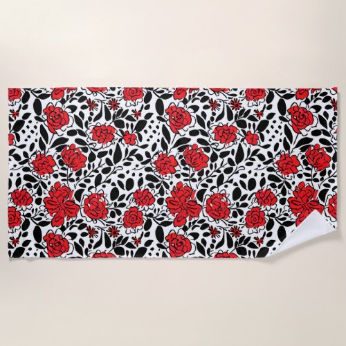 Pretty Floral Pattern in Red Black and White Beach Towel