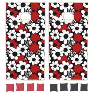 Pretty Floral Pattern in Red, Black and White Cornhole Set