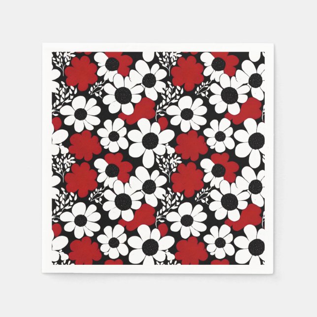 Pretty Floral Pattern in Red, Black and White Napkins (Front)