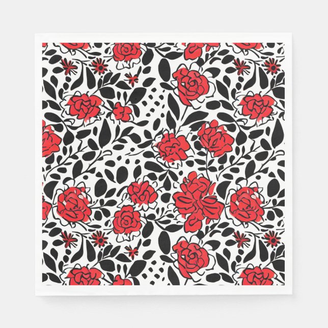 Pretty Floral Pattern in Red, Black and White Napkins (Front)
