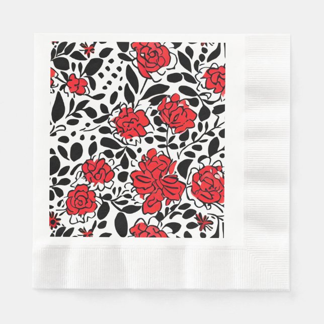 Pretty Floral Pattern in Red, Black and White Napkins (Front)
