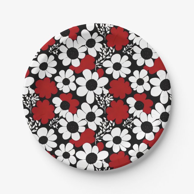 Pretty Floral Pattern in Red, Black and White Paper Plates (Front)