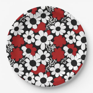 Pretty Floral Pattern in Red, Black and White Paper Plates