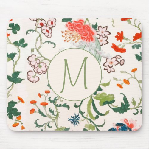 Pretty Floral Pattern Monogram Initial Mouse Pad