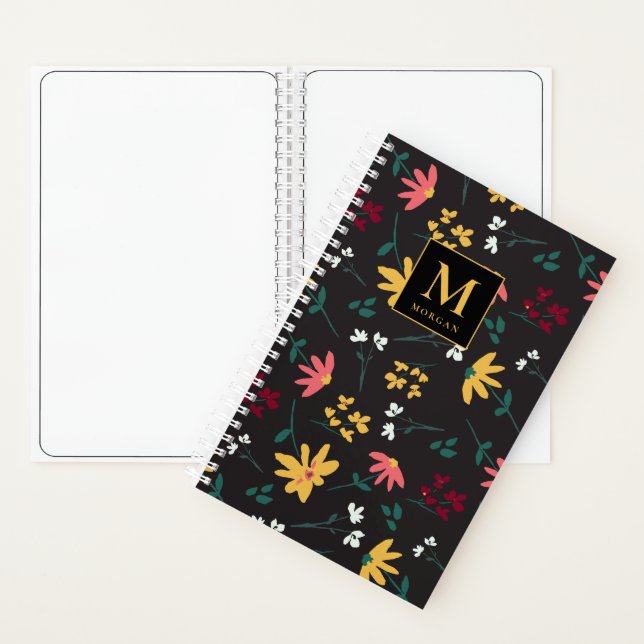 Pretty Floral Pattern on Black Personalized Sketch Notebook (Inside)