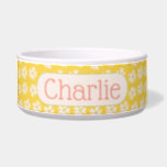 Pretty Floral Pattern on Yellow Monogram Bowl<br><div class="desc">This pet bowl features a pretty pastel pink floral pattern on a bright yellow background. Simply add your pet's name to the bowl via the customize it button in the menu! Exclusively designed for you by Happy Dolphin Studio.</div>