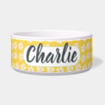 Pretty Floral Pattern on Yellow Monogram Bowl<br><div class="desc">This pet bowl features a pretty off-white floral pattern on a bright yellow background. Simply add your pet's name to the bowl via the customize it button in the menu! Exclusively designed for you by Happy Dolphin Studio.</div>
