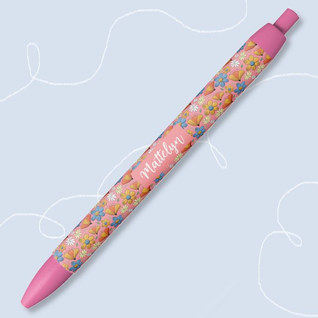 Pretty Floral Pattern Pen with Name (Closeup view
)