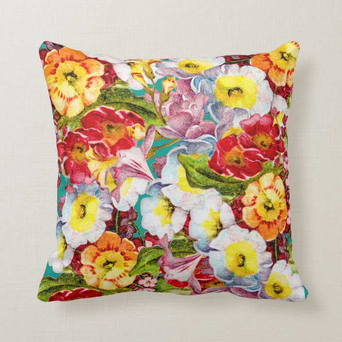 Pretty Floral Pattern Vintage Girly Teal Primrose Throw Pillow