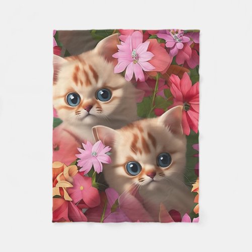 Pretty Floral pattern with cute kitten Fleece Blanket