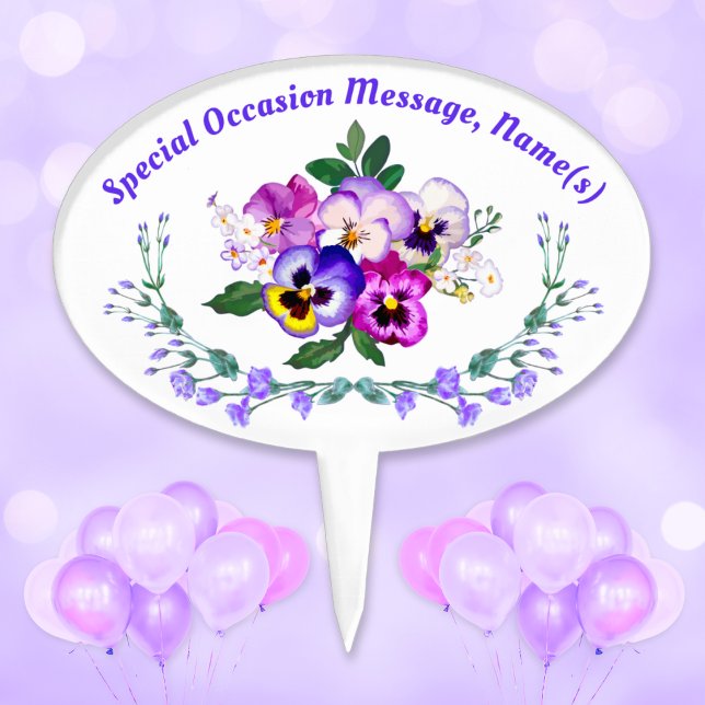 Pretty Floral, Personalized Cake Toppers Birthday, (Personalized, Birthday Cake Pick. Birthday Cake Topper for Small Cake or Cupcakes. Pansy Birtday!)