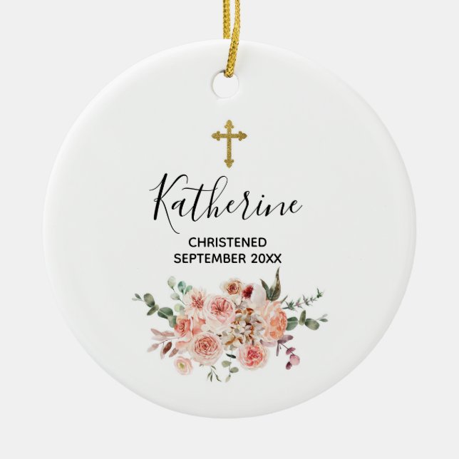 Pretty Floral Personalized Christening Baby Girl  Ceramic Ornament (Front)