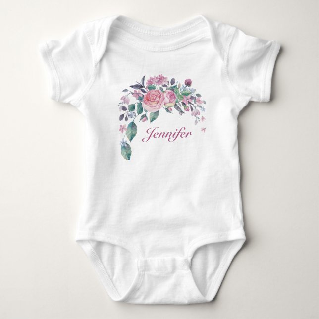 Pretty Floral Personalized Name Baby Girl Baby Bodysuit (Front)