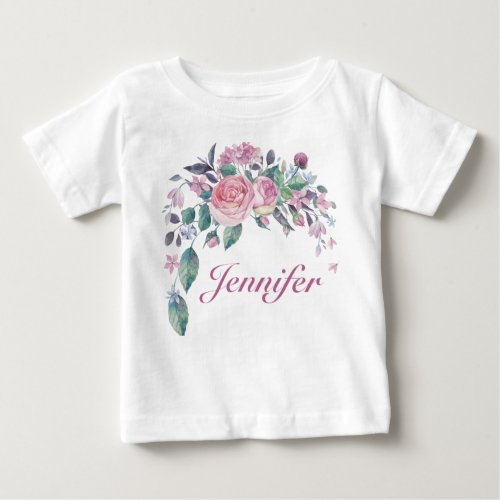 Pretty Floral Personalized Name Baby Girl Baby T_Shirt