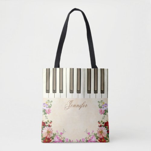 Pretty Floral Piano Music Tote Bags