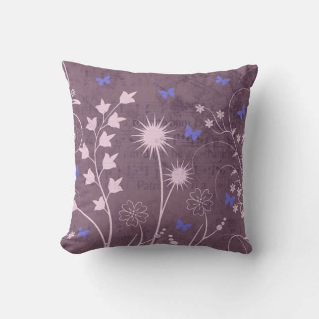 Pretty Floral Pillows with Blue Butterflies (Front)