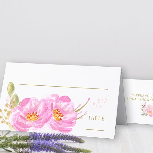 Pretty Floral Pink and Gold Folded Place Card