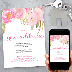 Pretty Floral Pink and Gold New Address Announcement