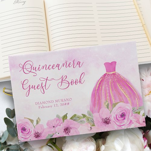 Pretty Floral Pink and Gold Princess Quinceanera Guest Book