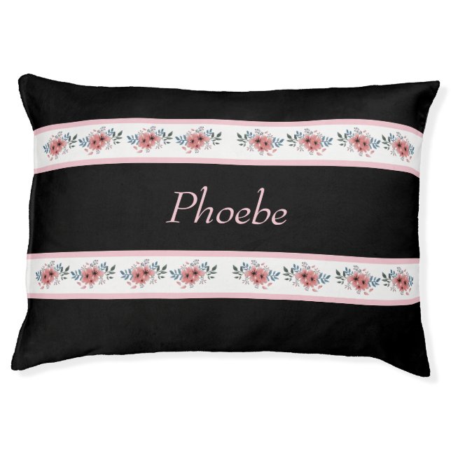 Pretty Floral Pink Black Monogram Dog Bed (Front)