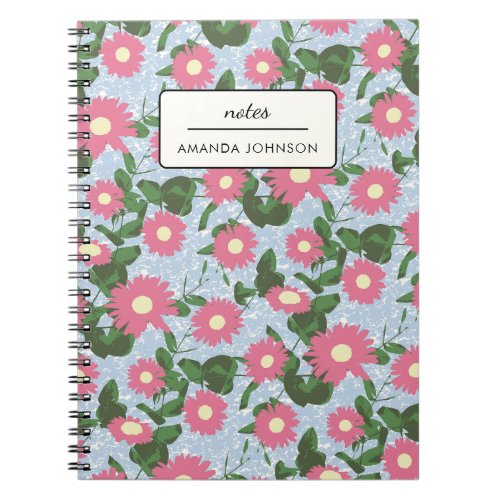 Pretty Floral Pink  Blue Monogram Full Name Notebook