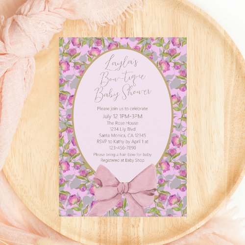 Pretty Floral Pink Bow Baby Shower Invitation