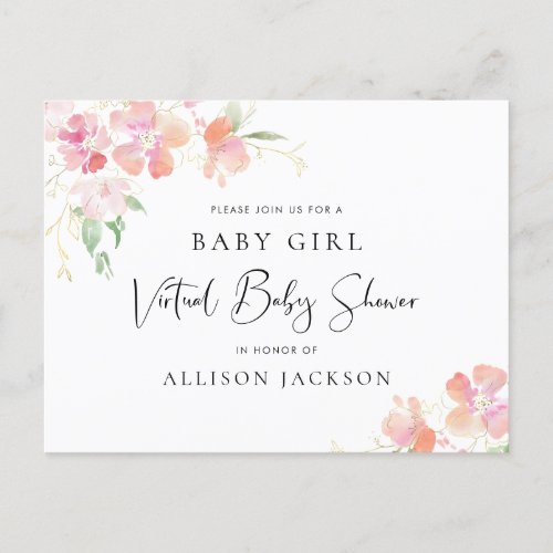 Pretty Floral Pink Coral Gold Virtual Baby Shower Invitation Postcard
